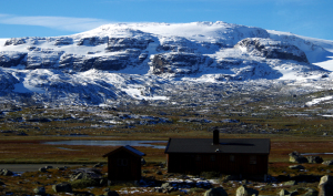 ノルウェー山岳部を走る車窓からは氷河が見える