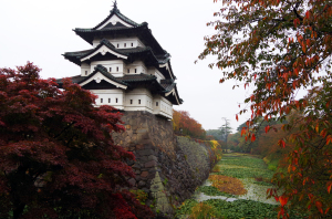 雨降る紅葉の弘前城
